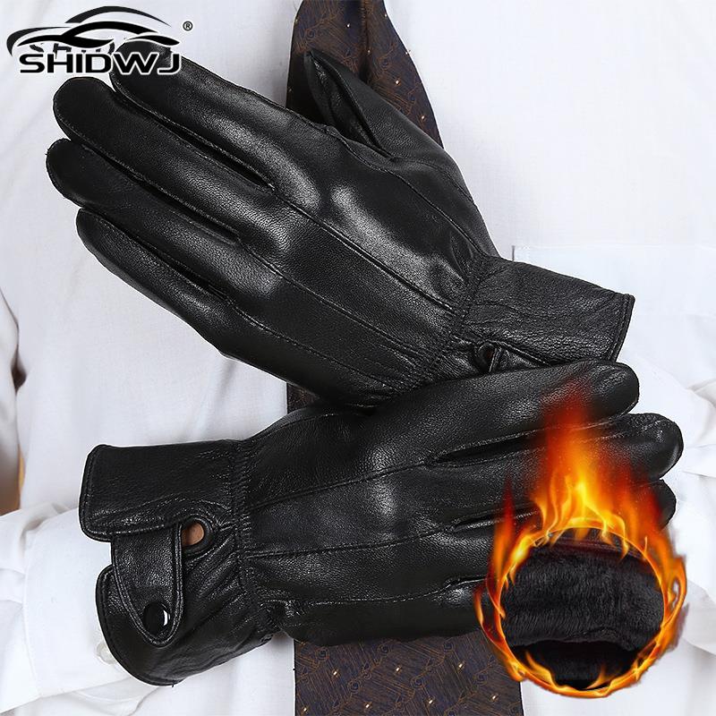 Leather Driving Glove - ถุงมือกันน้ำสำหรับกีฬาสีดำผู้ชาย, ถุงมือยุทธวิธีขนแกะถุงมืออุ่นขับรถฤดูหนาว1คู่