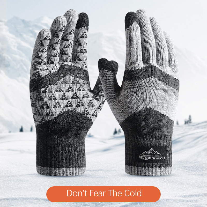 Winter Glove Insulated - ถุงมือถักกันหนาวสำหรับทุกเพศ - กันลม, กันลื่น, รองรับการใช้งานหน้าจอสัมผัส, ดีไซน์สามเหลี่ยม,