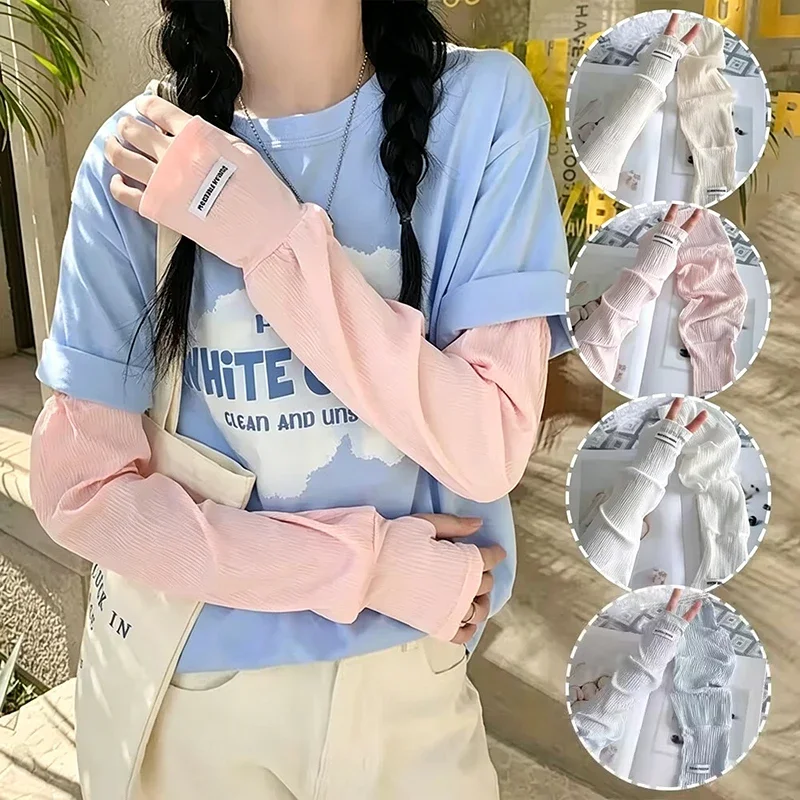Fingerless Glove Knit - ปลอกแขนกันแดดผ้าไหมน้ำแข็งสำหรับฤดูร้อน ปลอกแขนแบบไม่มีนิ้ว ระบายอากาศได้ดี ป้องกันรังสียูวี สำหรับผู้หญิง ขี่จักรยานกลางแจ้ง