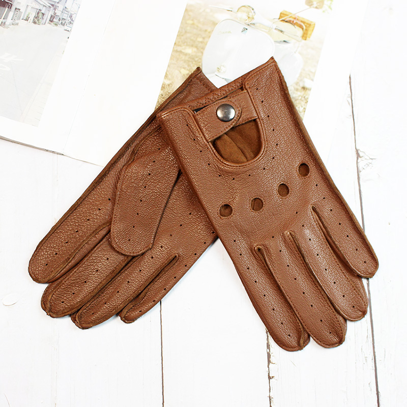 Leather Driving Glove - ฤดูร้อนขับรถ Deerskin Full Finger ถุงมือหนังสําหรับชายบาง Hollow