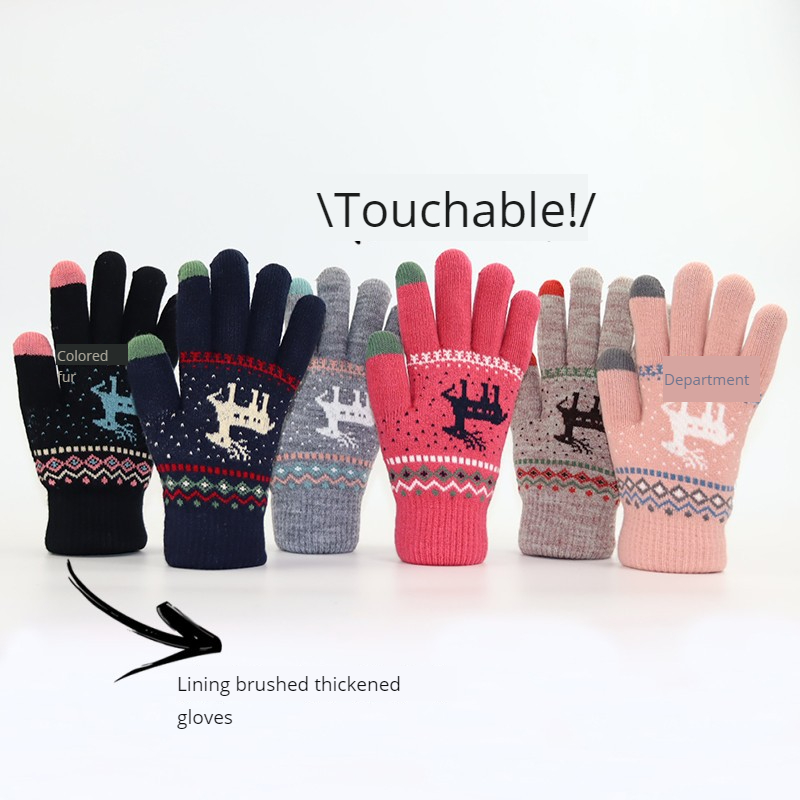 Wool Glove Lined - ถุงมือกันหนาวแบบหนาสำหรับฤดูใบไม้ร่วงและฤดูหนาว แบบมีหน้าจอสัมผัส บุขนแกะ ลายการ์ตูน ถักจากไหมพรม สำหรับผู้หญิง