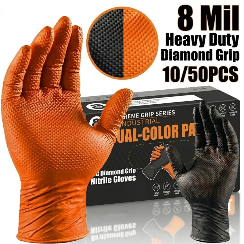 Nitrile Mechanic Glove - ถุงมือไนไตรล์สีส้มแบบหนา 8 มิล ถุงมืออุตสาหกรรมแบบใช้แล้วทิ้ง พร้อมพื้นผิวลายเพชรเพื่อการยึดเกาะ สำหรับช่างยนต์