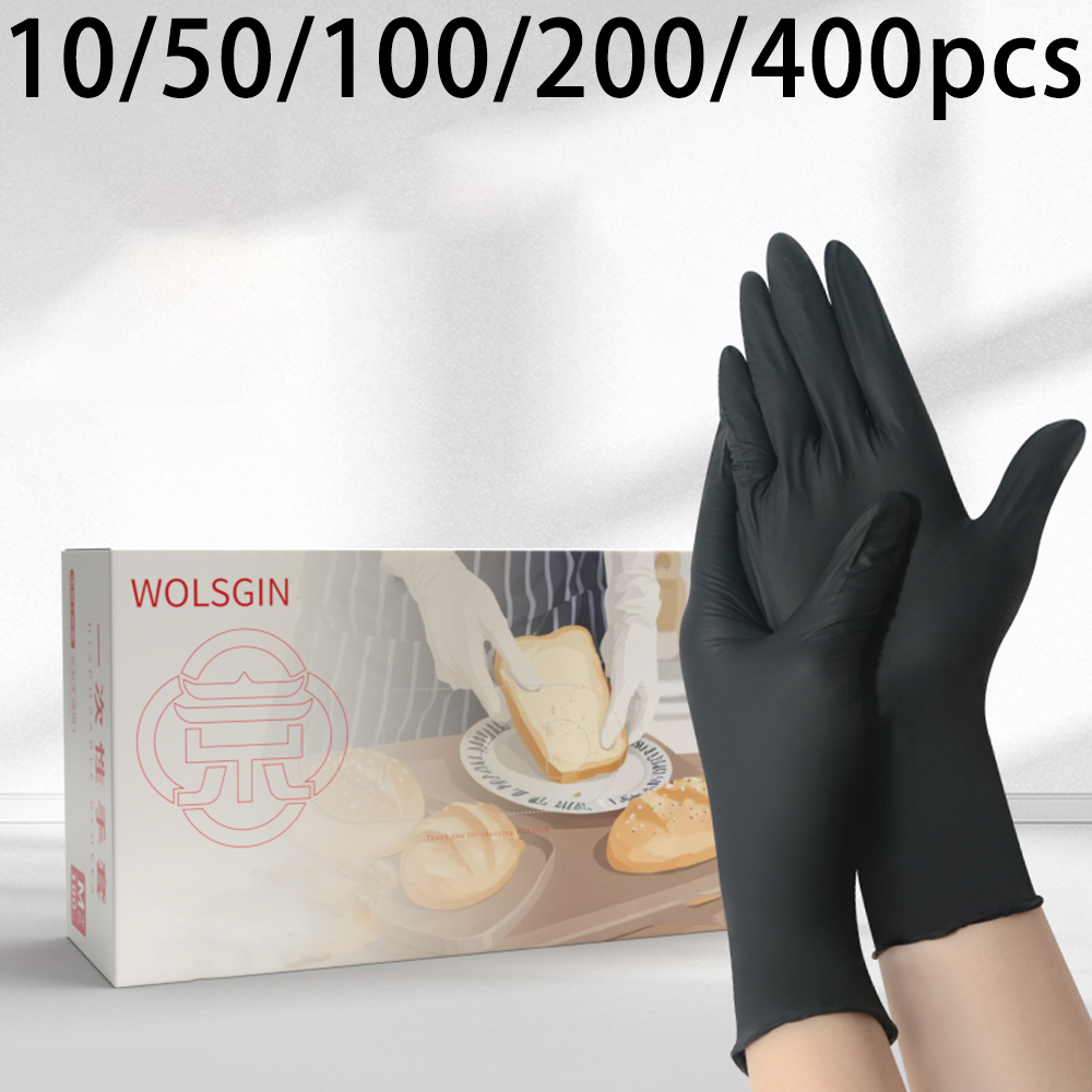 Rubber Glove Cleaning - 10/50/100/200/400 ชิ้นถุงมือไนไตรล์สังเคราะห์สีดำแบบใช้แล้วทิ้ง เหมาะสำหรับห้องครัว รอยสัก และการทำความสะอาดบ้าน
