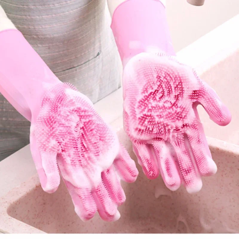 Dish Glove Rubber - ถุงมือล้างจานซิลิโคนแบบใช้ซ้ำได้ 1 คู่ ฟองน้ำขัดผ้า ทนทาน พกพาสะดวก
