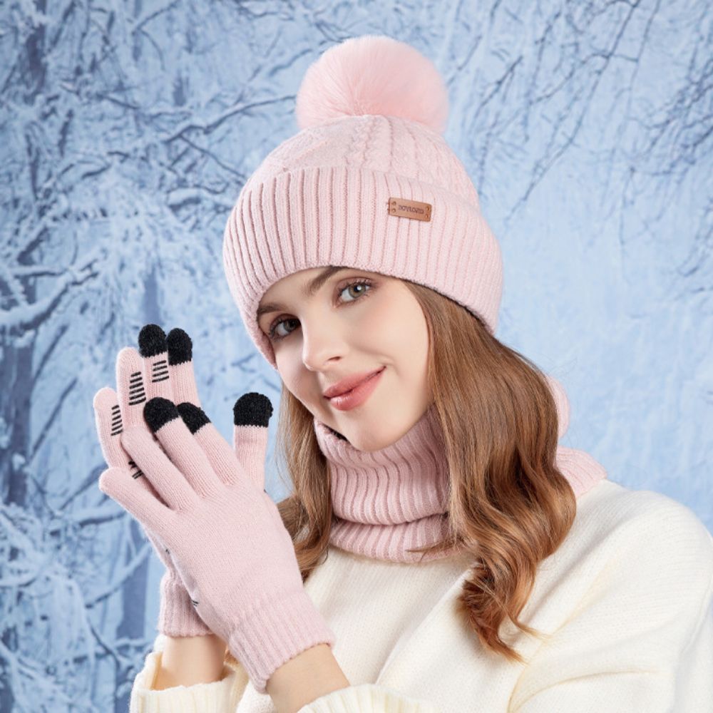 Wool Glove Lined - ชุดหมวก ผ้าพันคอ ถุงมือ 3 ชิ้น สีพื้นเรียบง่าย